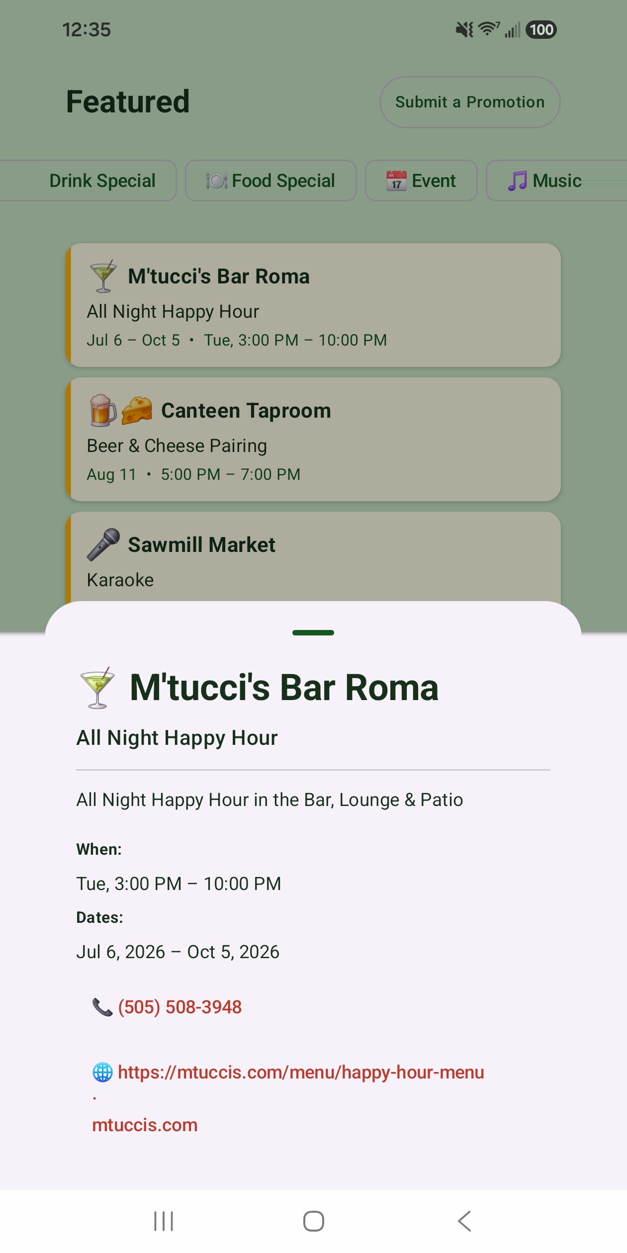 Eat ABQ app screenshot: Featured tab showing local restaurant deals and events